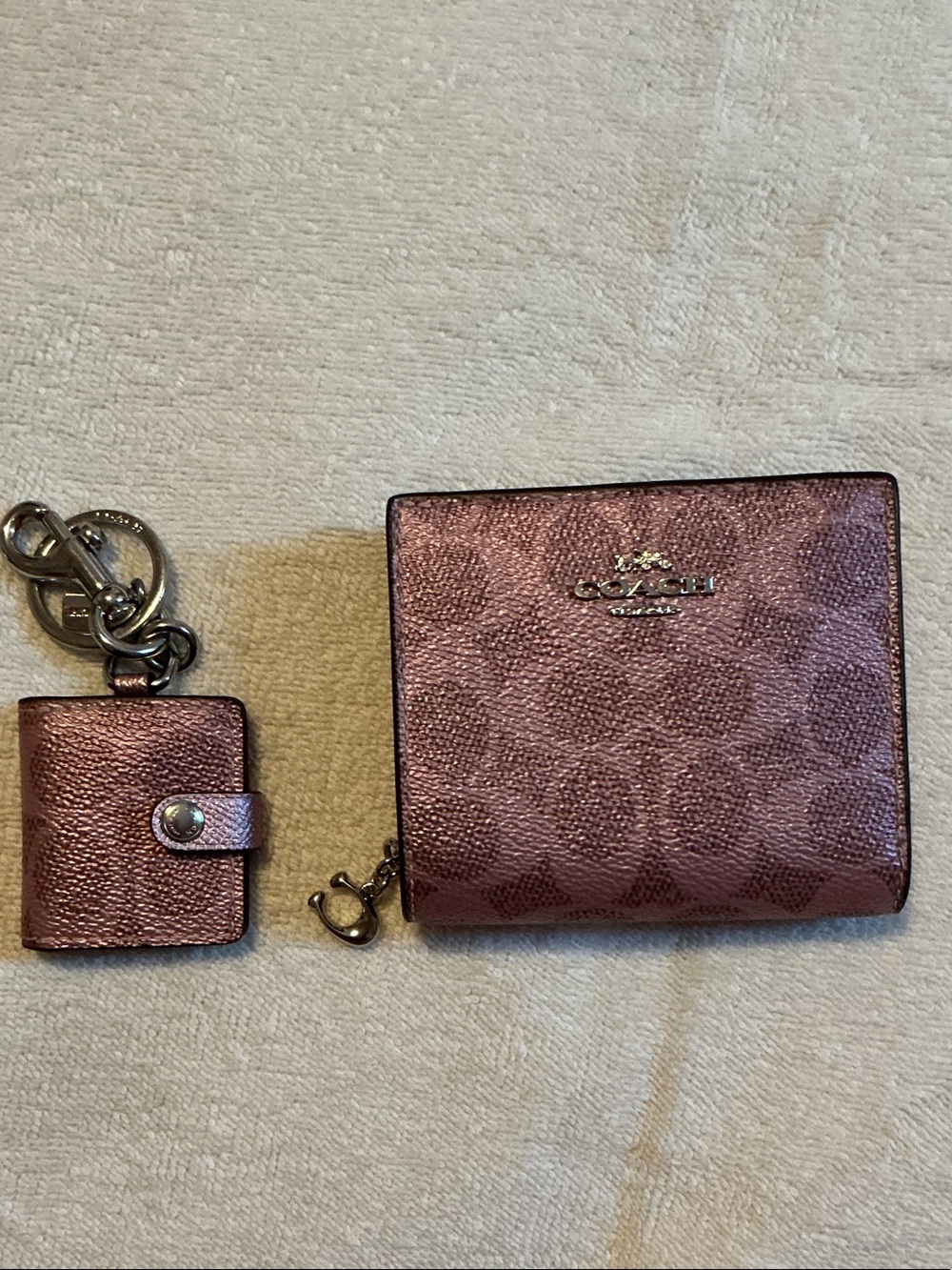 Coach Rose Metallic Signature Small Wallet with Matching Keychain Card Case